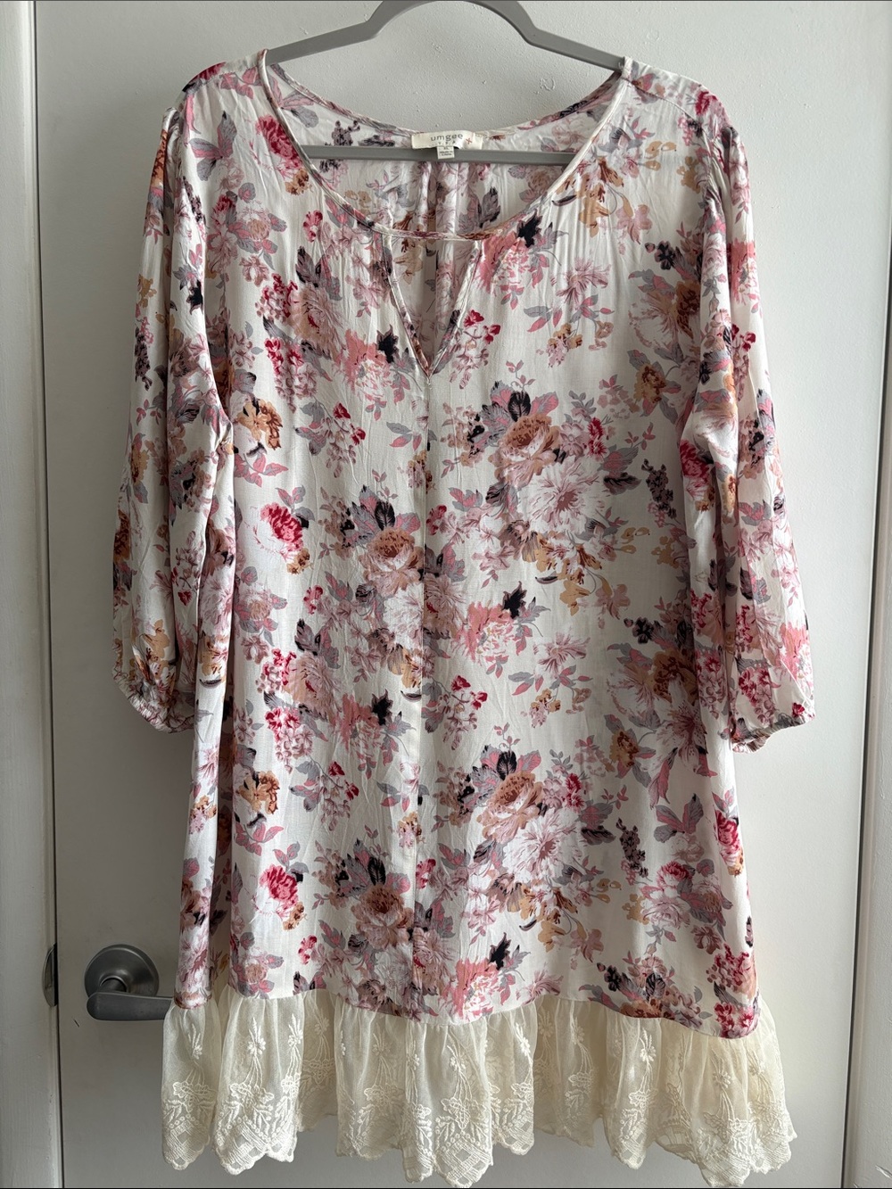 Floral Lace-Hem Cottagecore White/Pink 3/4 Sleeve Flowy Dress SZ XL